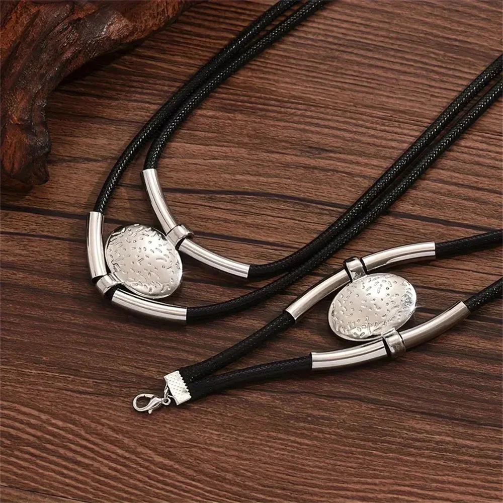 Fashion Oval Metal Necklace Bracelet Set For Women Vintage Gold Silver Color 2Pcs/Set Faux Leather Double Layered Chain Jewelry