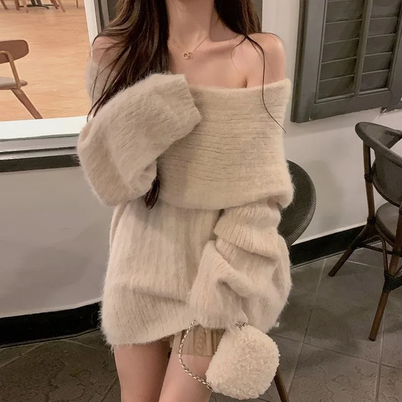 Sexy Slash Neck Elegant Sweater Pullovers For Women 2024New Fashion Korean Casual Vintage Off Shoulder Loose Cozy Knitted Jumper 1