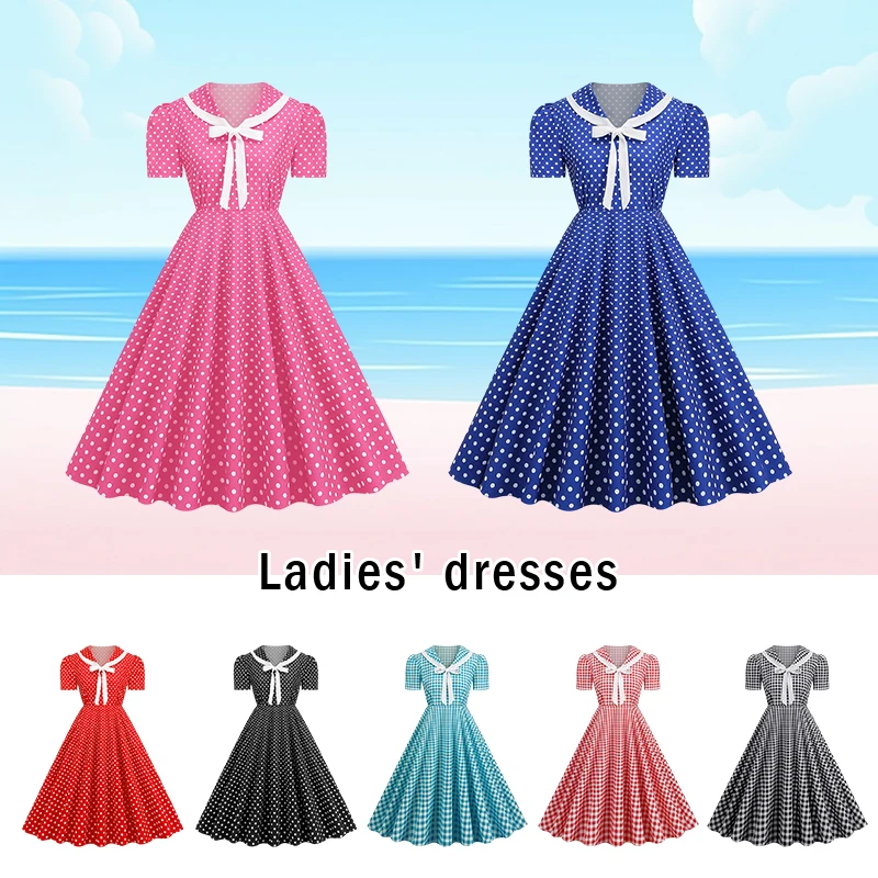 Cotton Summer Women Polka Dot Vintage Swing Dress Red White