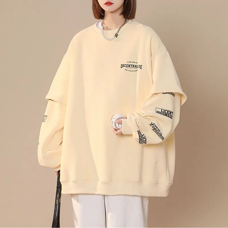 Letter Sweatshirts Women Vintage Students Fake 2 Pcs Designed Ulzzang Streetwear BF Couple Harajuku Classic Chic All-match