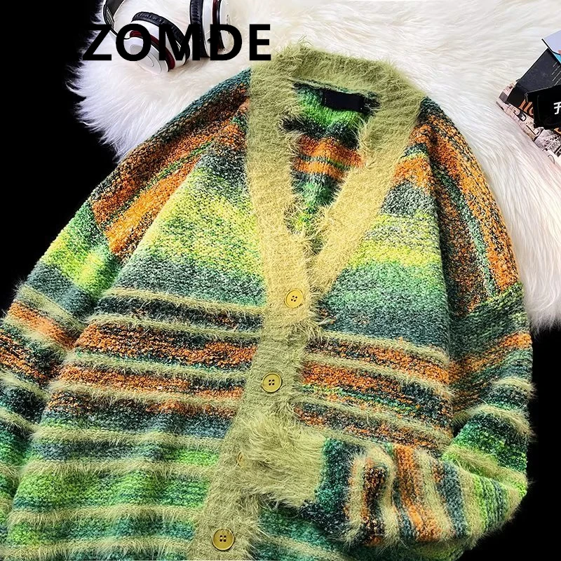 ZAZOMDE American Spliced Wool Cardigan Sweater Knit Men Loose Couple Autumn Contrast Color Sweater Coat Single Breasted Male Top