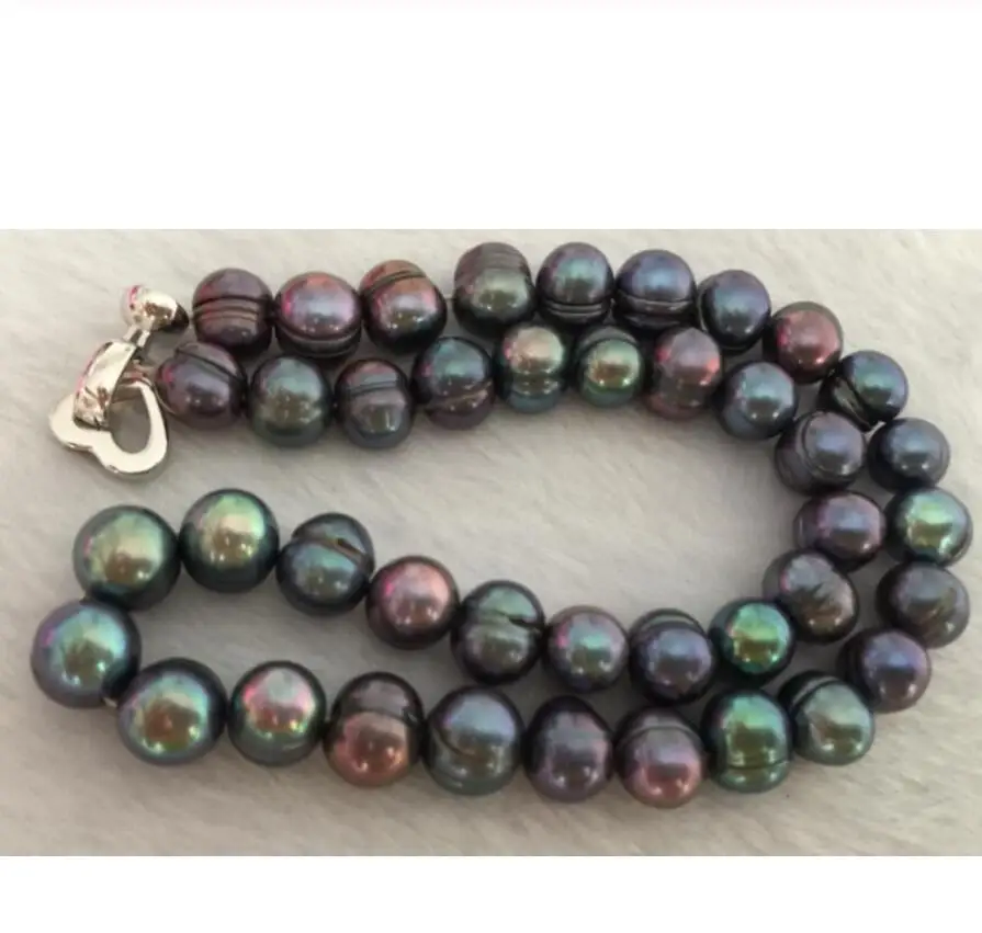 

huge 9-10mm south sea baroque black green pearl necklace 18inch 925s