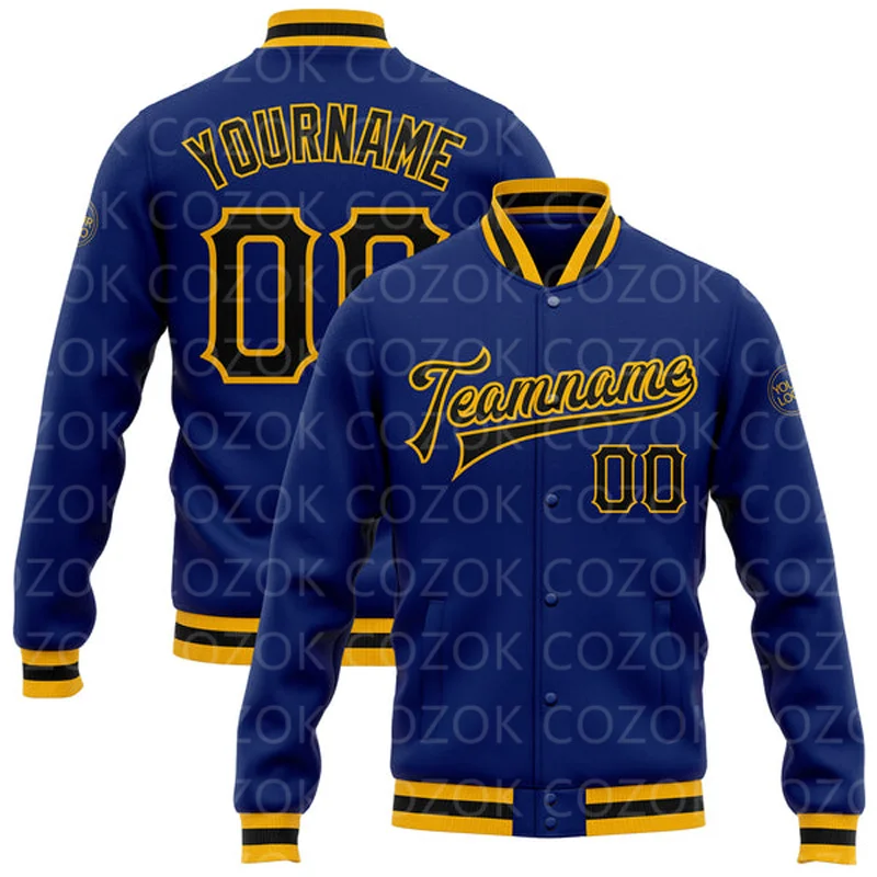 Custom Blue Green Yellow 3D Printed Baseball Button Jacket Bomber Full-Snap Varsity Letterman Jacket