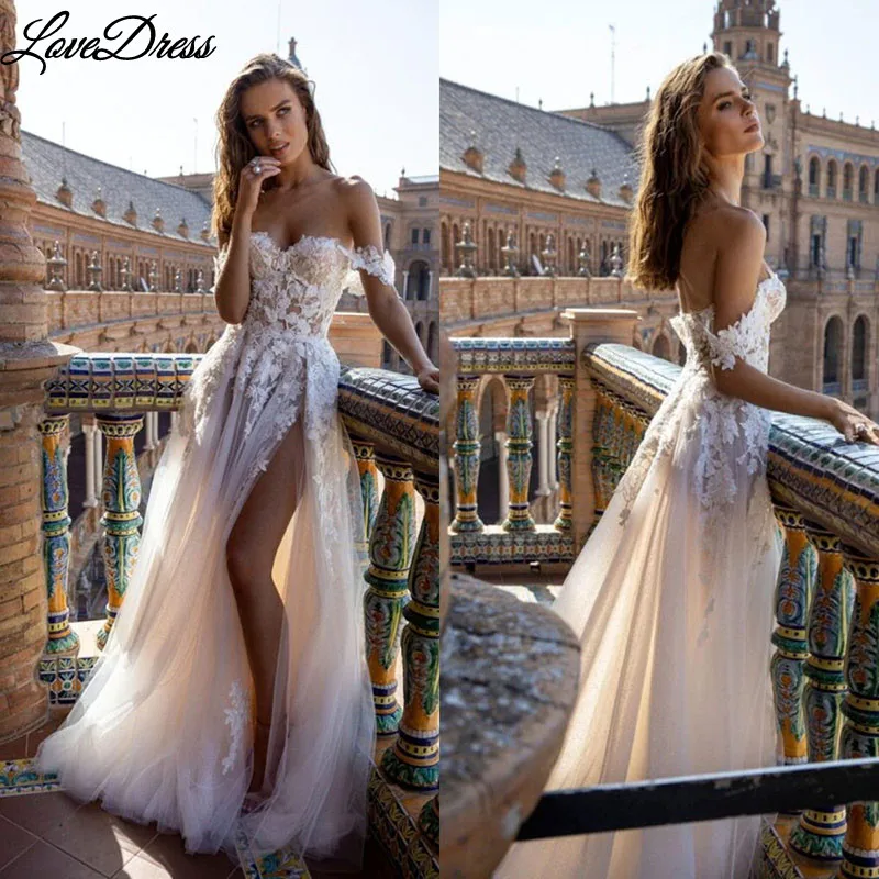 

Boho Tulle A Line Wedding Dresses 2023 Off the Shoulder Lace Appliques Beach Bridal Gown Sexy High Split Wedding Gowns For Bride