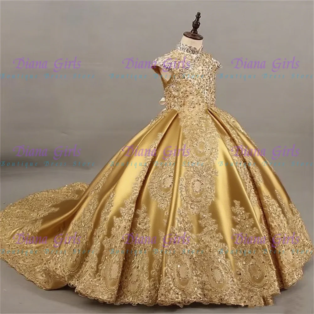 Luxury Customised Color Flower Girl Dresses For Wedding Gold Printing Pageant Gown Sleeveless lace Appliques Communion Gowns 4