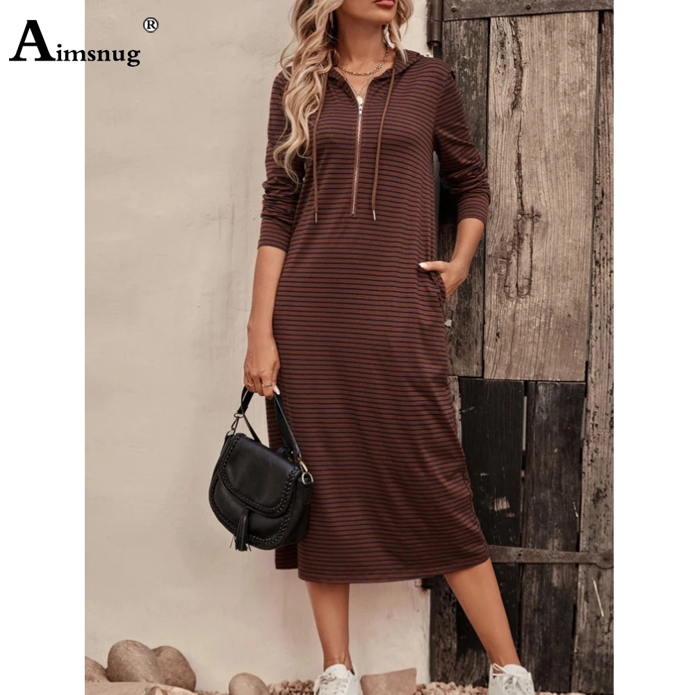 

Women Elegant Mid-Calf Dress Long Sleeve Casual Hooded Dresses 2023 European Style Vintage Zipper Pocket Striped Basic Dress