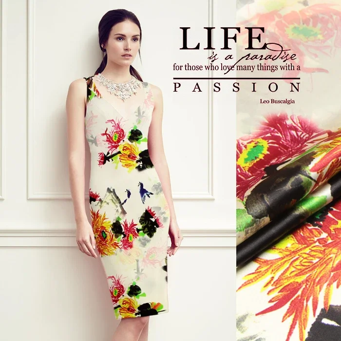 

Sale!118cm wide 19mm floral print 93% silk & 7% spandex silk satin fabric for dress choengsam dress soft smooth fabric