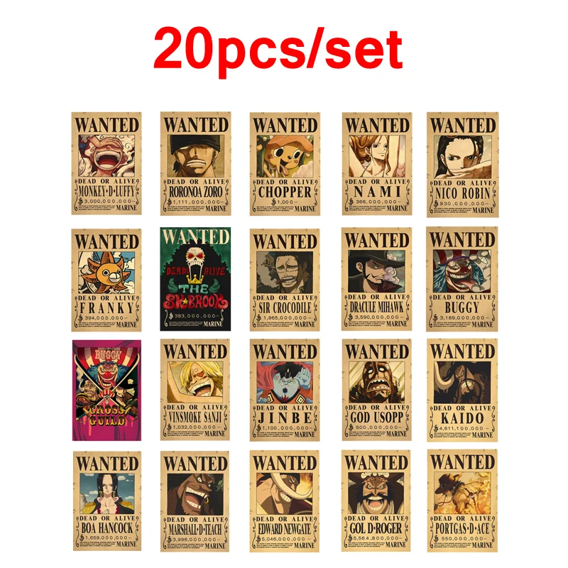 20Pcs One Piece Bounty Wanted Poster Rufy Kraft Paper Poster Figure Soggiorno Wall Decor Pittura Decorativa Kid Toy Gift