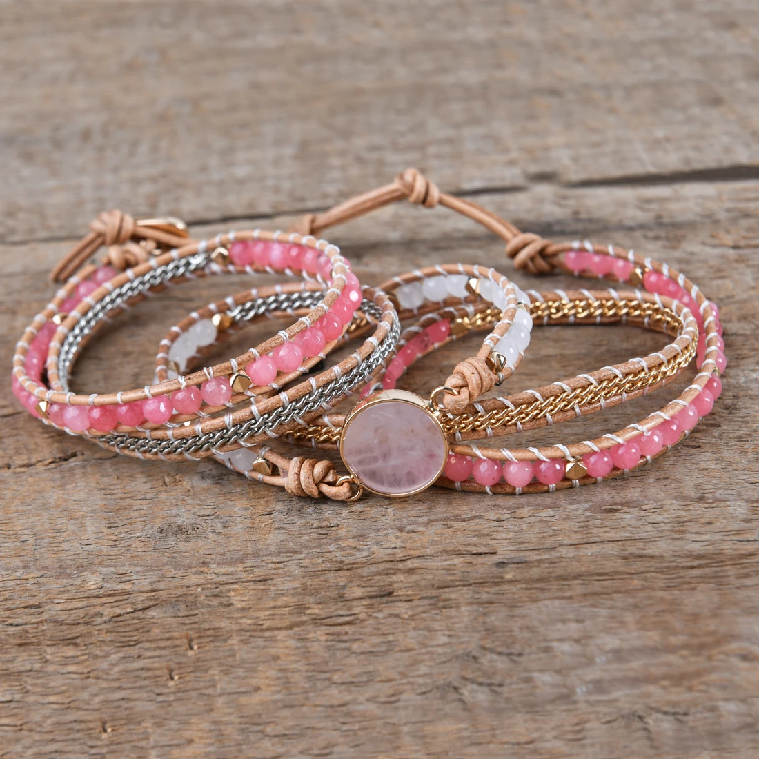 Charming Rose Quartz Leather Wrap Bracelets W/ Mix Stone Druzy Multilayers Bracelet Handmade Boho Jewelry Bijoux Dropship