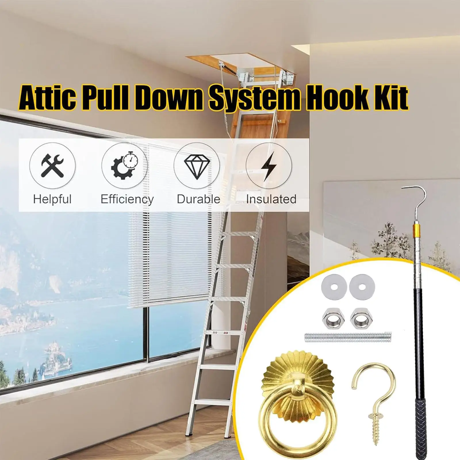 Ladder Pull Down System Kit Professional Household Storage Hook Loft Stairs Pull Down Extension Rod Attic Hook