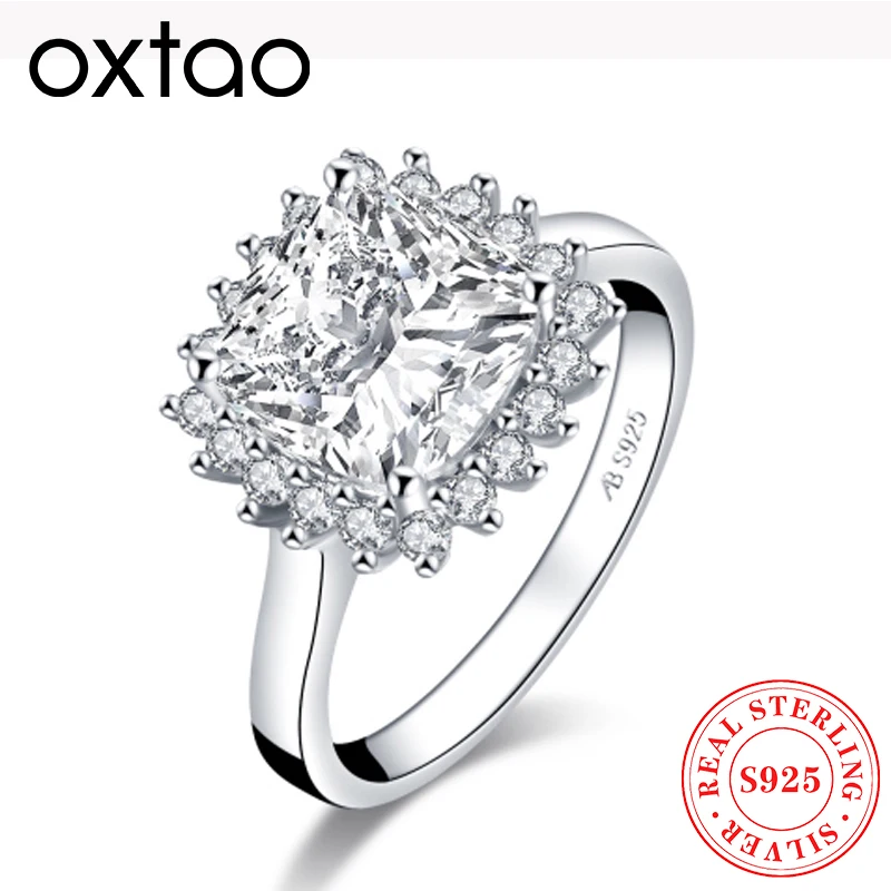 OXTAO Luxury Halo Engagement Ring 925 Sterling Silver Cushion Cut ...