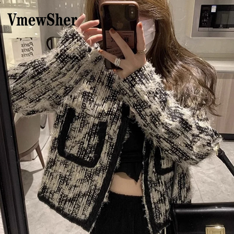 

Женская твидовая куртка VmewSher, короткая куртка из мохера в стиле ретро, элегантная верхняя одежда с длинным рукавом на осень и весну