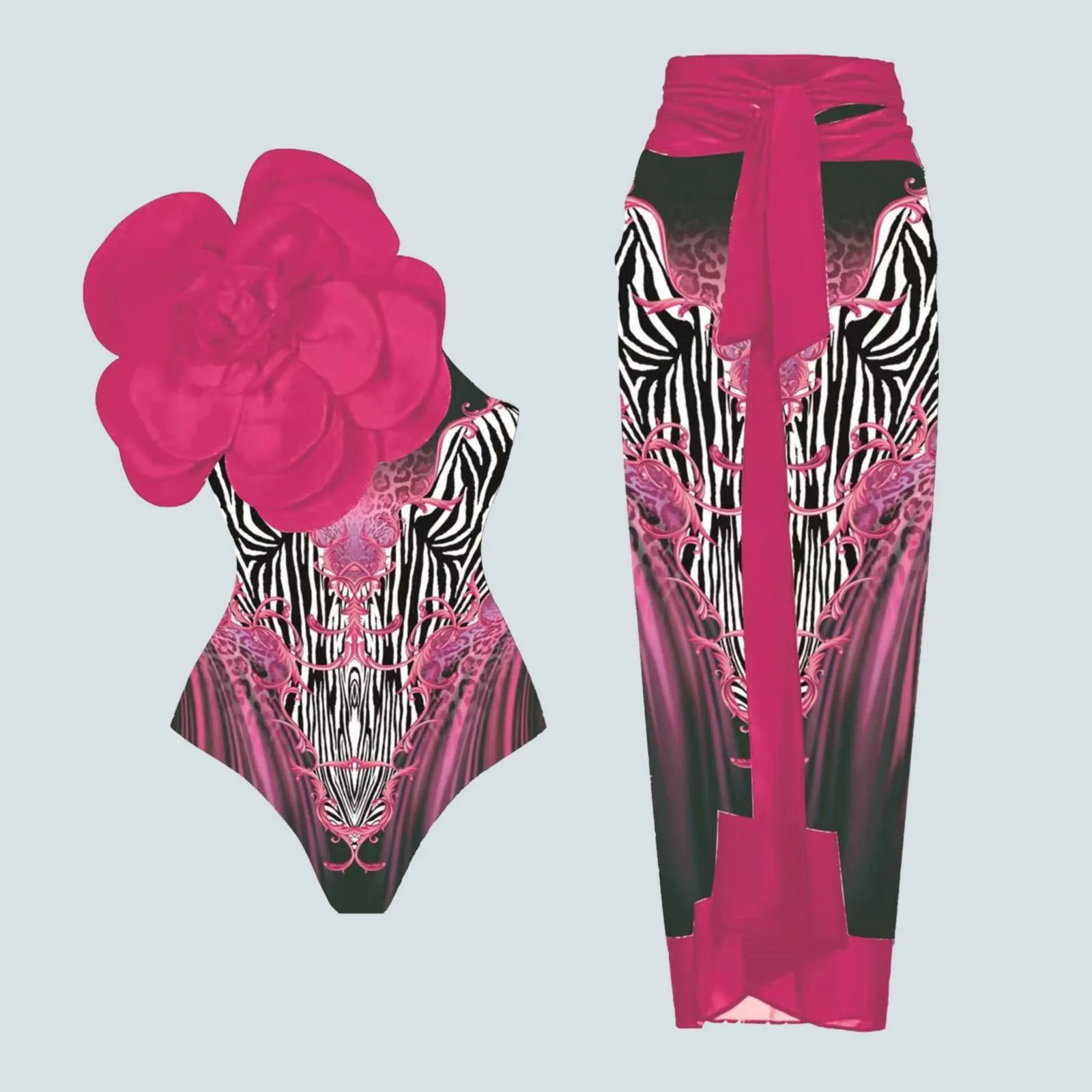 

Новинка весна-лето 2024, Женский комплект купальника с объемным большим цветочным принтом и подушкой на груди