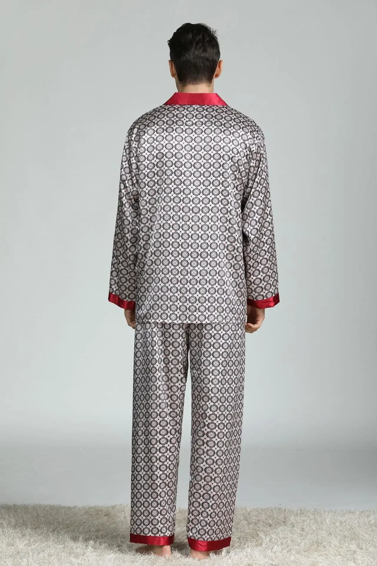 Silk Satin Pajamas for Men Sleepwear Cozy Soft Print Long Sleeve Nightgown Tops+ Trousers Two Pieces Mens Pajama Set pajama sets