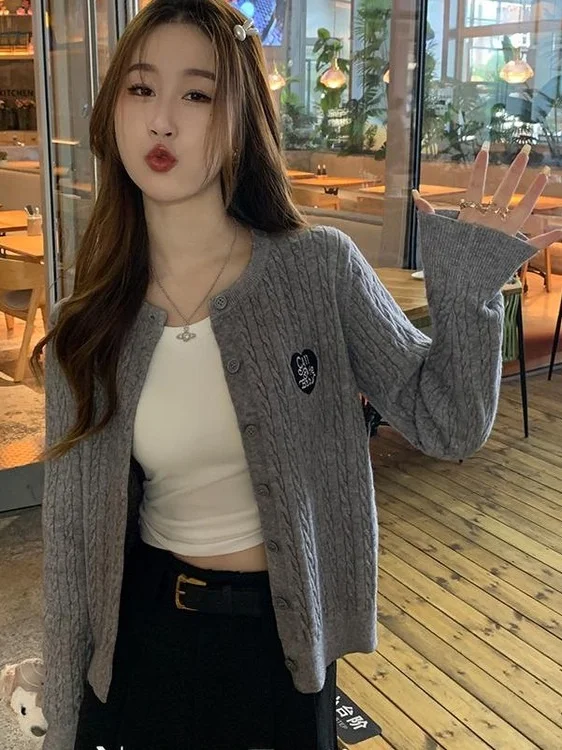 여성용 숏 오픈 가디건 스웨터 그레이 컬리지 스타일 니트 아우터웨어 가을 겨울 패션 캐주얼 스포츠웨어 라이프스타일