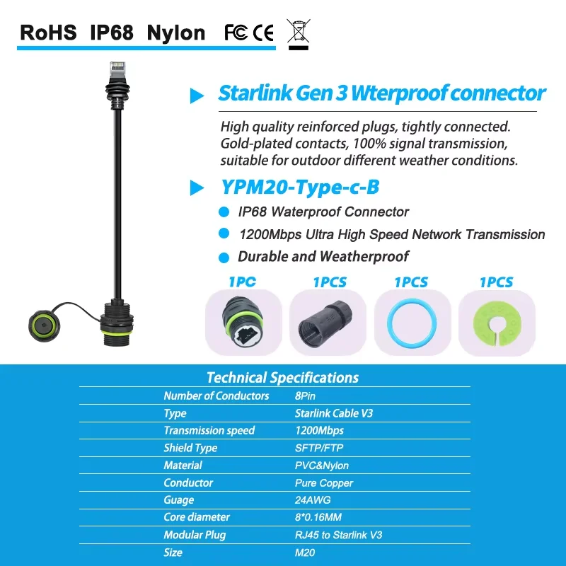 스타링크 이더넷 어댑터 Gen 3/미니 스타링크 미니 케이블 연장선을 RJ45 커플러 IP68 방수 디스크 및 배선으로 연결하는 0.25m 케이블