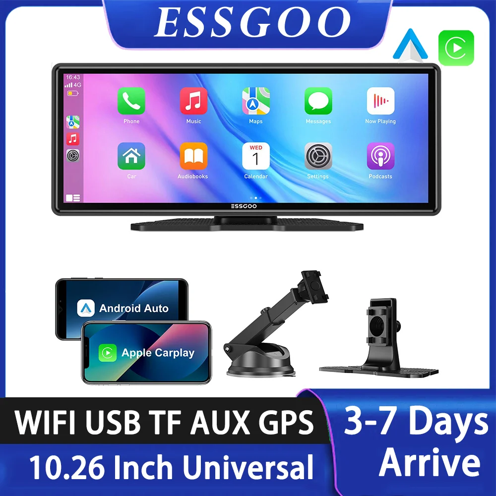 ESSGOO-Lecteur vidéo sans fil portable Android Auto, écran Carplay HD, caméra de recul arrière, autoradio, limitation MP5, 10.26 pouces