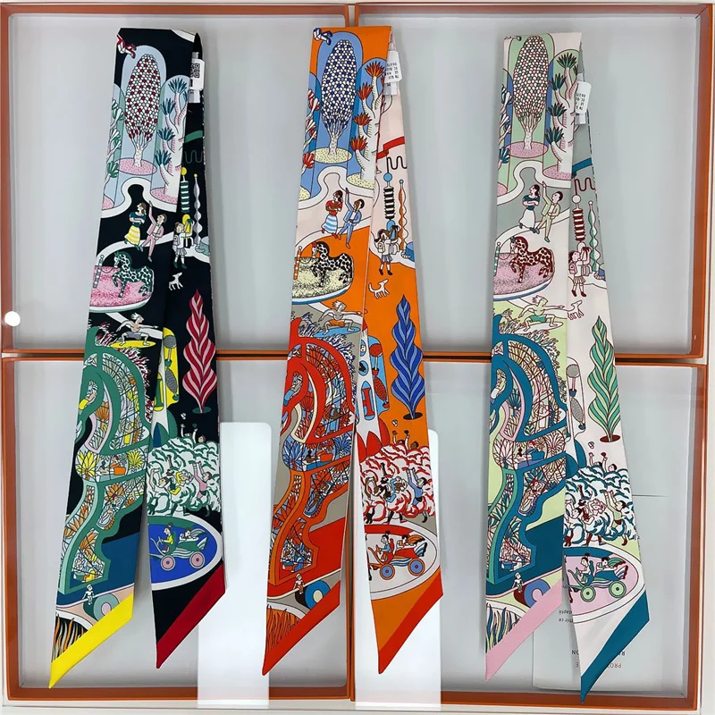100% Silk High Quality Luxury Brand Goods Scarf Women Headband Foulard Tie Ribbon Neckerchief Skinny Scarves Hair Accessories 2