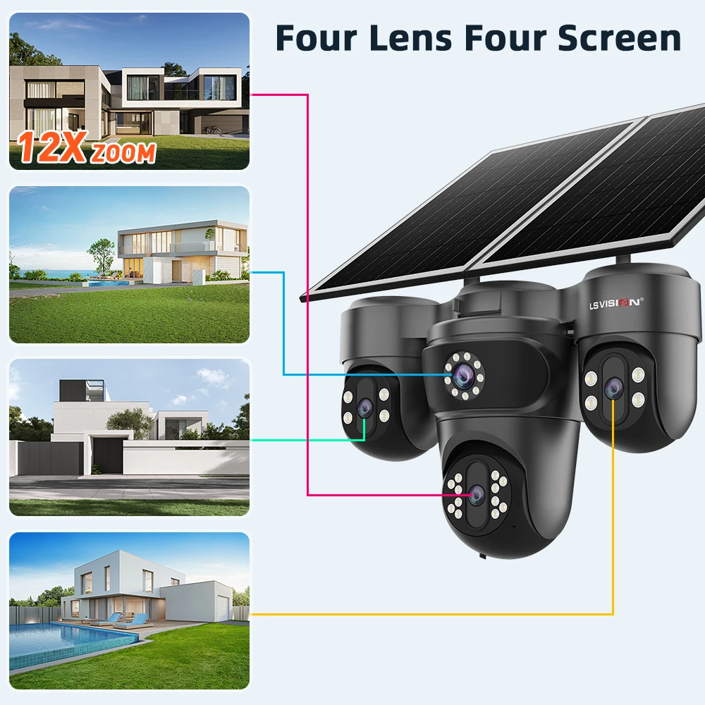 LS VISION 20MP Three PTZ Four Screens 4G AOV Solar Camera 12X Optical Zoom 24/7 Video Recording Auto Zoom Tracking CCTV Cameras 2