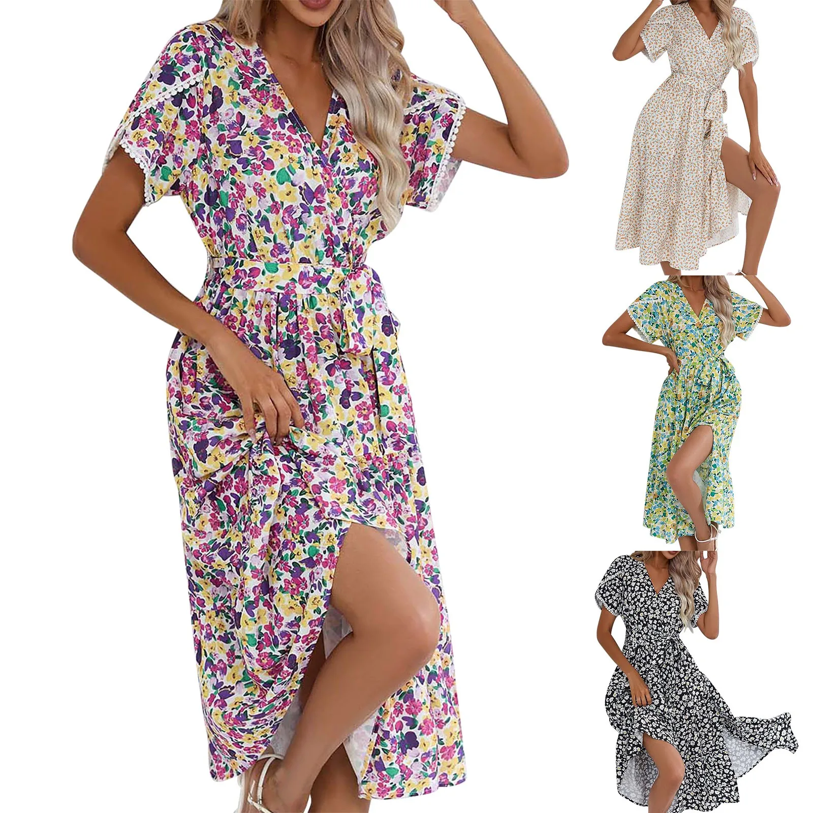 

Women's 2023 Floral Summer Dress V Neck Short Sleeve Belted Ruffle Hem A Line Bohemian Maxi Dresses