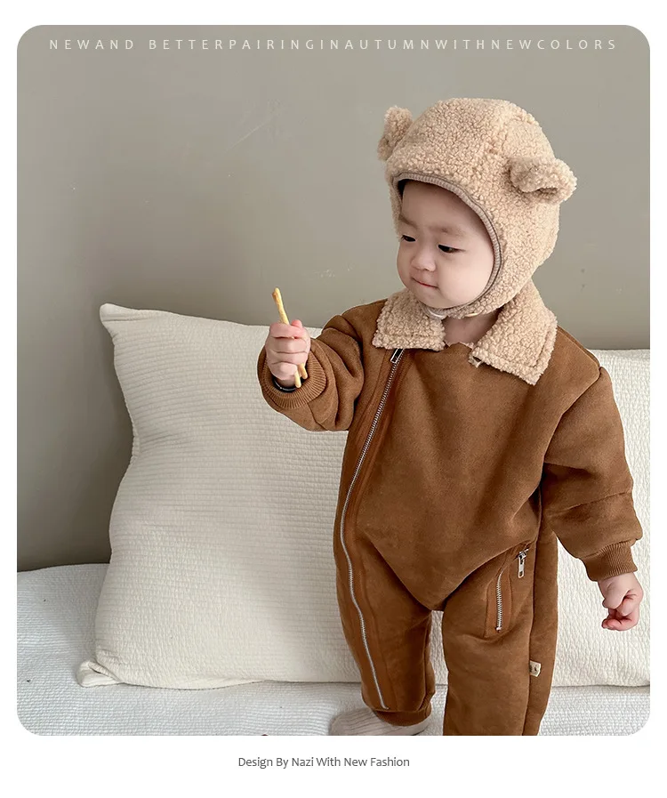 Description Picture 2 of itemWinter Baby Rompers Fur Lining Girls Jumpsuits Turn Down Colalr Boys Warm Outfit With Hat