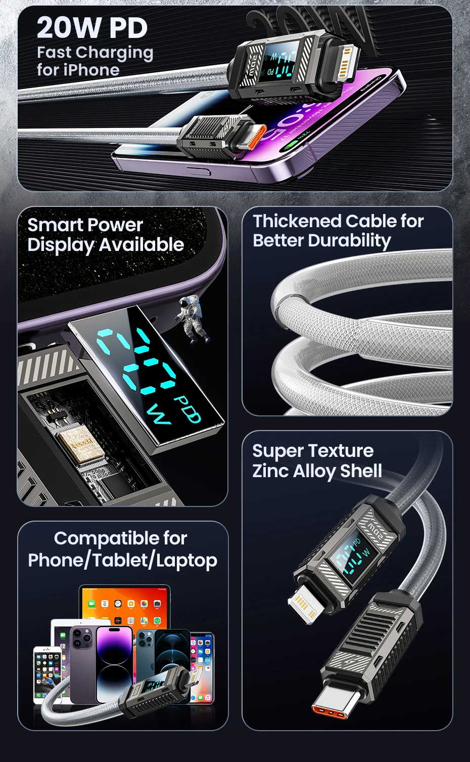 Toocki Typ C zum Beleuchtungskabel, 20 W, PD-Schnellladung, Digitalanzeige, USB 2.0-Gehäuse aus Zinklegierung für iPhone 14 13 12 Datenkabel – Detail 2
