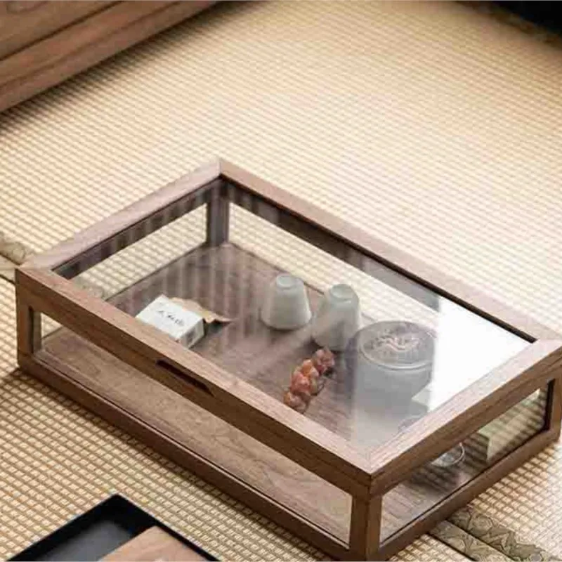 Household Tea Set Display Box Dust-Proof Teacup Transparent Glass Storage Box Tea Room Desktop Wooden Display Cabinet 1PCS LE307 2