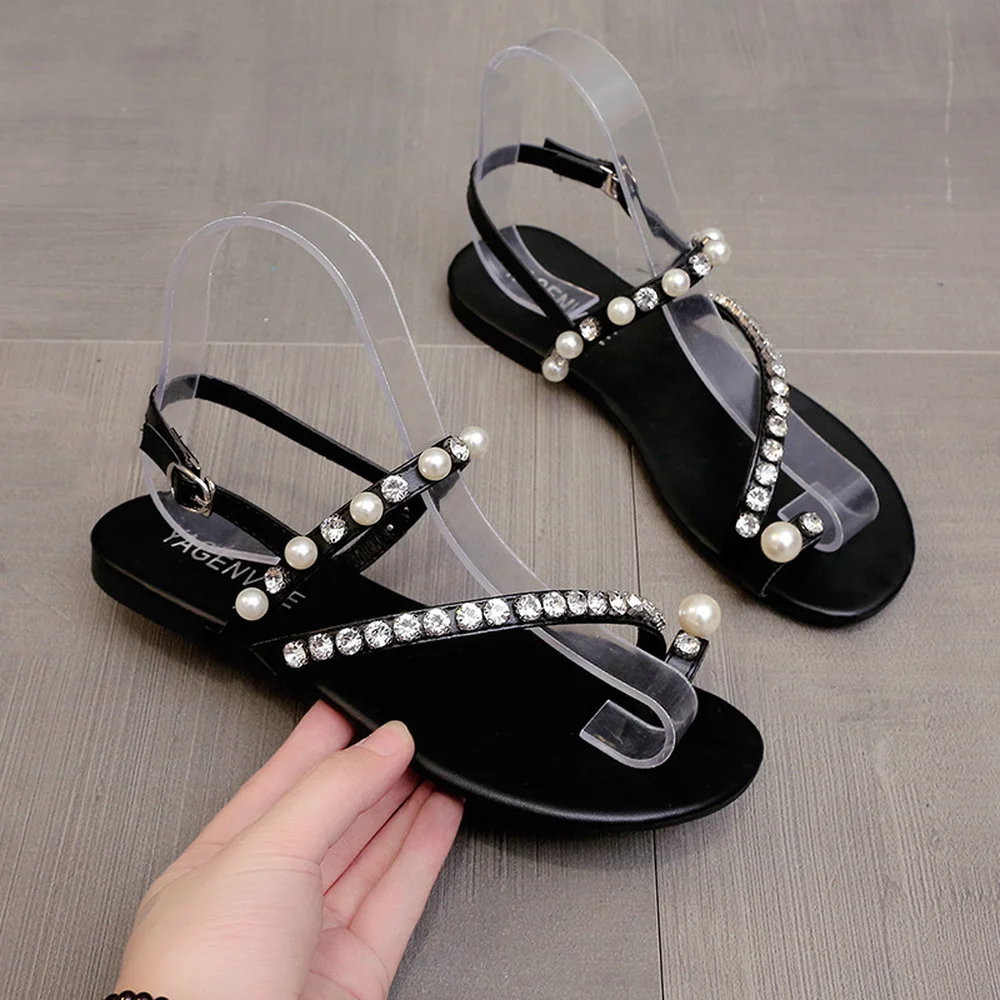 

2022 new set-toe rhinestone sandals summer fairy wind pearl one word belt flat sandals beach sandals women