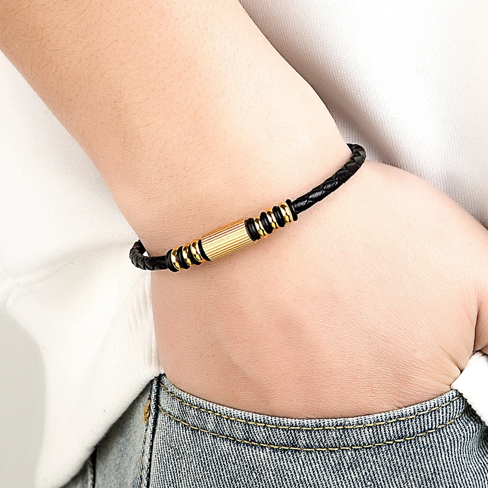 Leather Bracelet Charm Stainless Steel Magnetic Clasp for Men