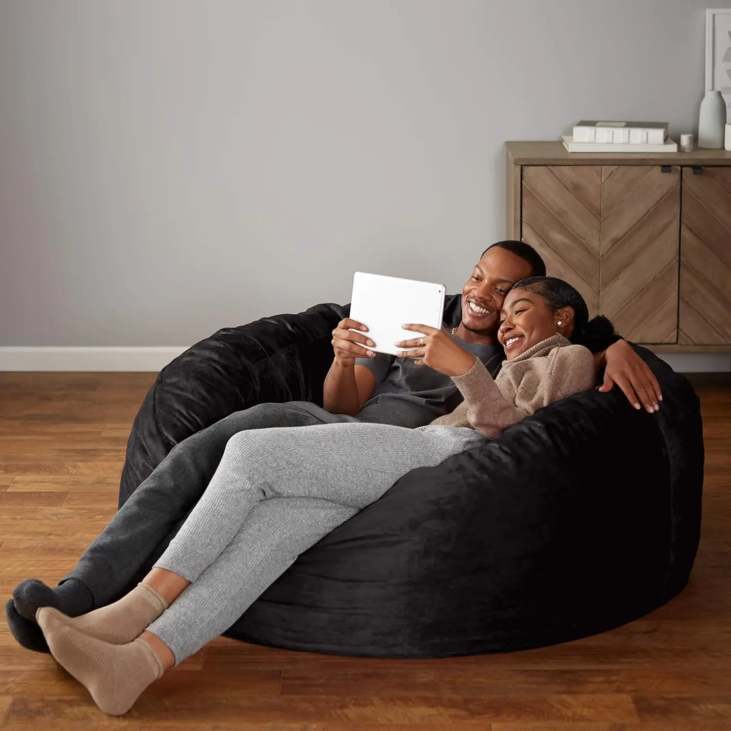Basics Memory Foam Filled Bean Bag Chair with Microfiber Cover, 5 ft, Black, Solid