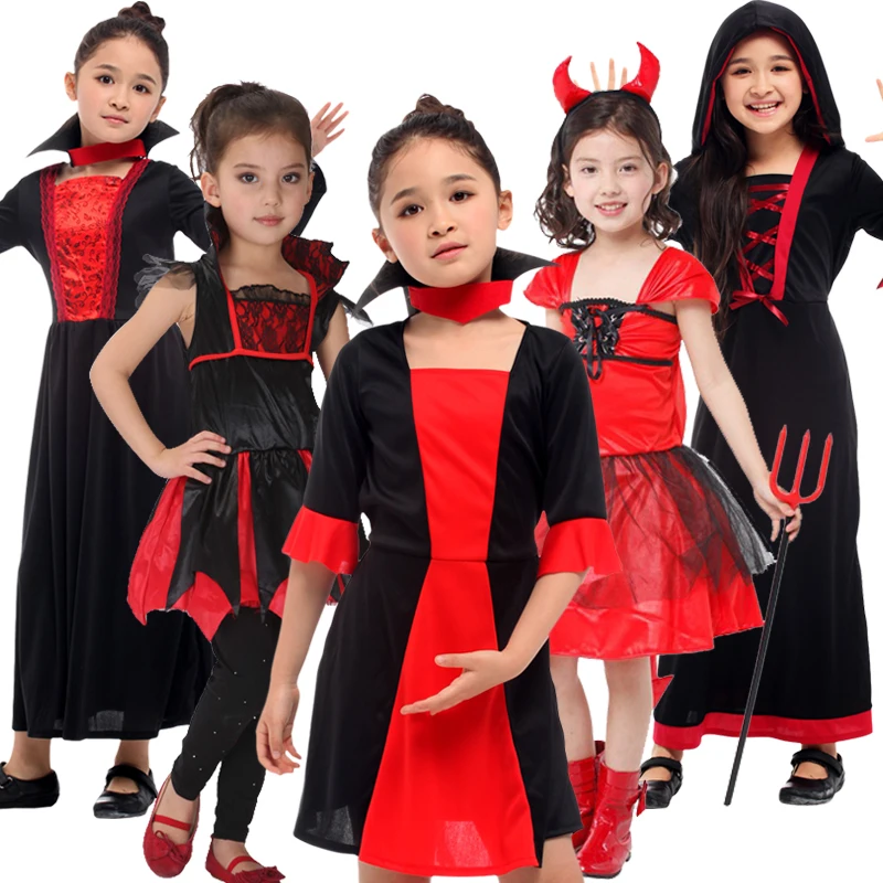 

Girl Halloween Role Play Costume Devil Queen Children Vampire Princess Dress Witch Fallen Angel Party Spider Evil Dress Dress