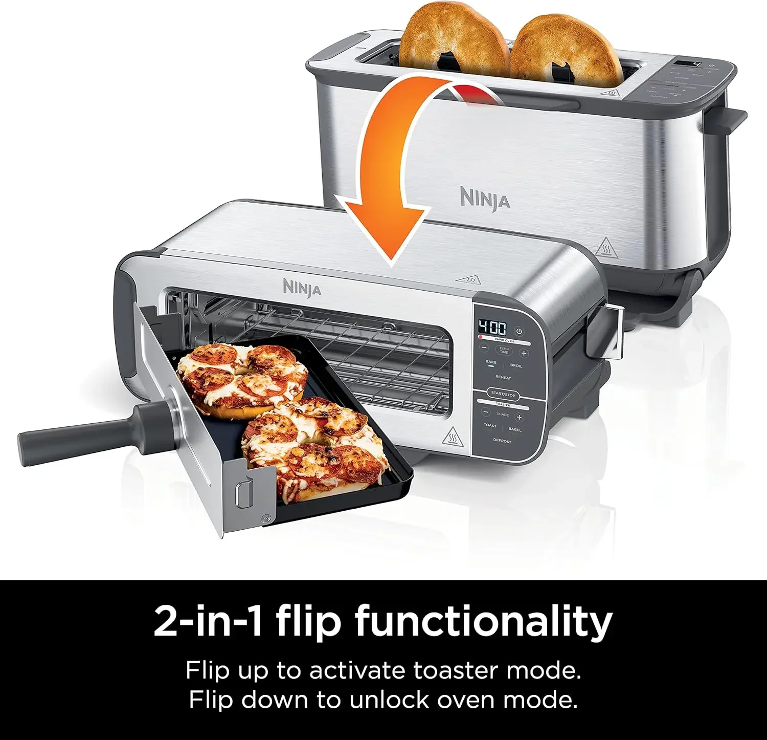 Foodi 2-in-1Flip Toaster 2-Slice Capacity Compact Toaster Oven Snack Maker Reheat Defrost 1500 Watts Stainless Steel 6 Functions 2