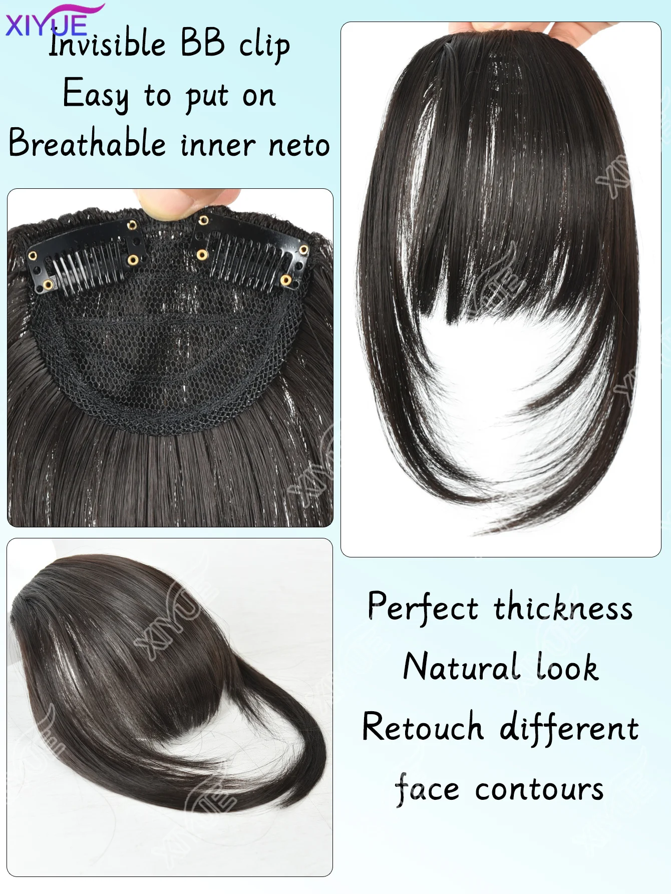 XIYUE Straight Blunt Bangs Synthetic Natural Brown Black False Fringe Clip In Front Hair With Fringe with Temples Daily Wear