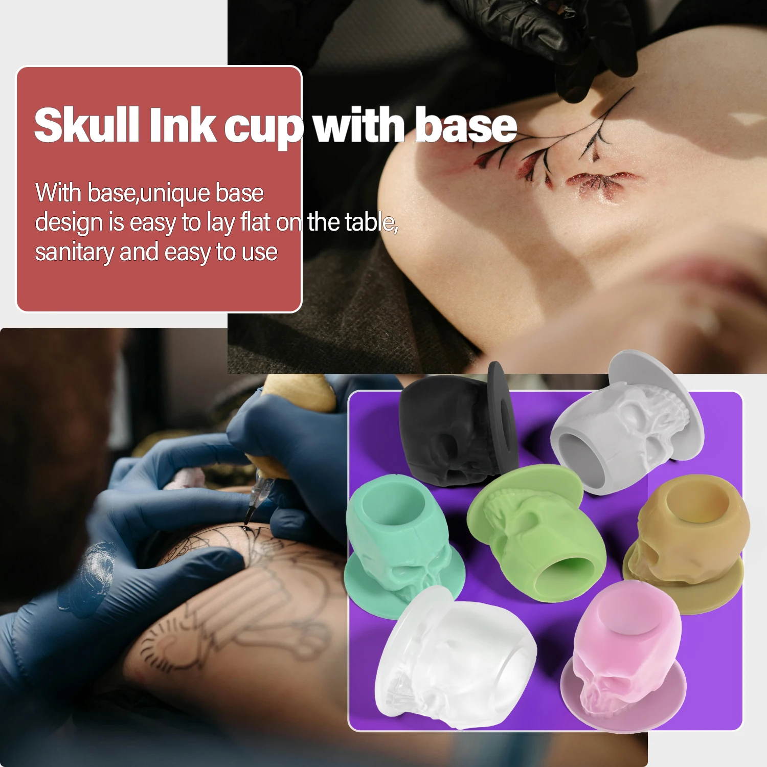 100Pcs Disposable Tattoo Silicone Skull Ink Cup Permanent