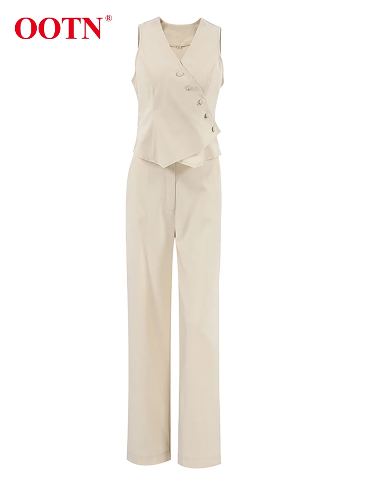 OOTN Black Button Up Tops Suits 2023 Summer Sleeveless V Neck Shirt Pleated Long Pants Two Piece Sets Cotton Linen Outfits Women