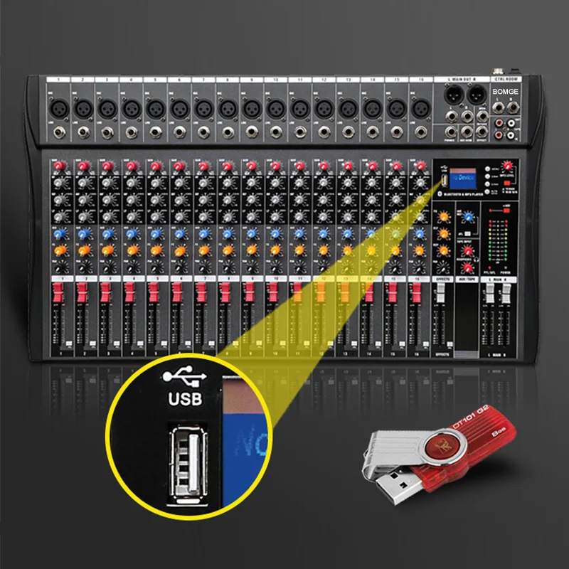 Audio Mixer CT-16 16 Channels Audio Sound Mixer Digital Console Interface Console Mixing DJ USB with 48V Phantom Power