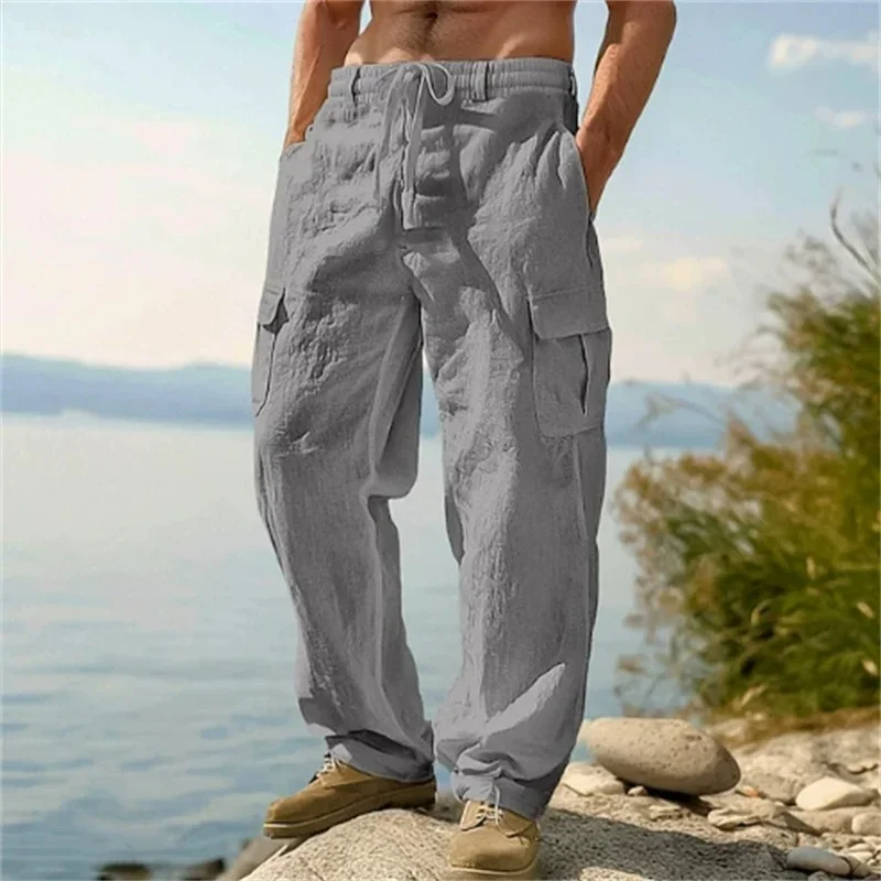 Männer Casual Hosen Lose Bequeme Cargo Hosen Hosen Mann Baumwolle Leinen Multi-Pocket Gerade Hosen Strand dünne Männer Hosen