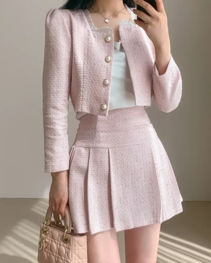 Tweed No Collar Short Cropped Jacket Long Skirt Set (2色) College Style Short Jacket And Pleated Long Skirt Two-Piece