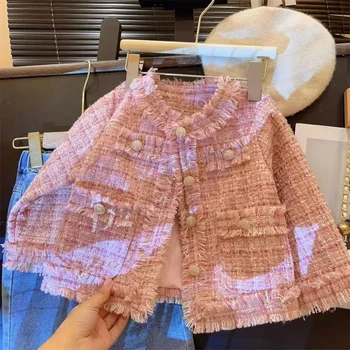 여아 코트 상의, 작은 향기로운 바람 코트, 가을 어린이 가디건 2023, 한국 패션 스타일, 그물 레드, 아기 소녀 캐주얼 짧은 탑