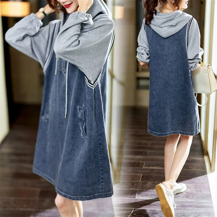 

Женские джинсовые платья с длинным рукавом, повседневное джинсовое платье с капюшоном, платья