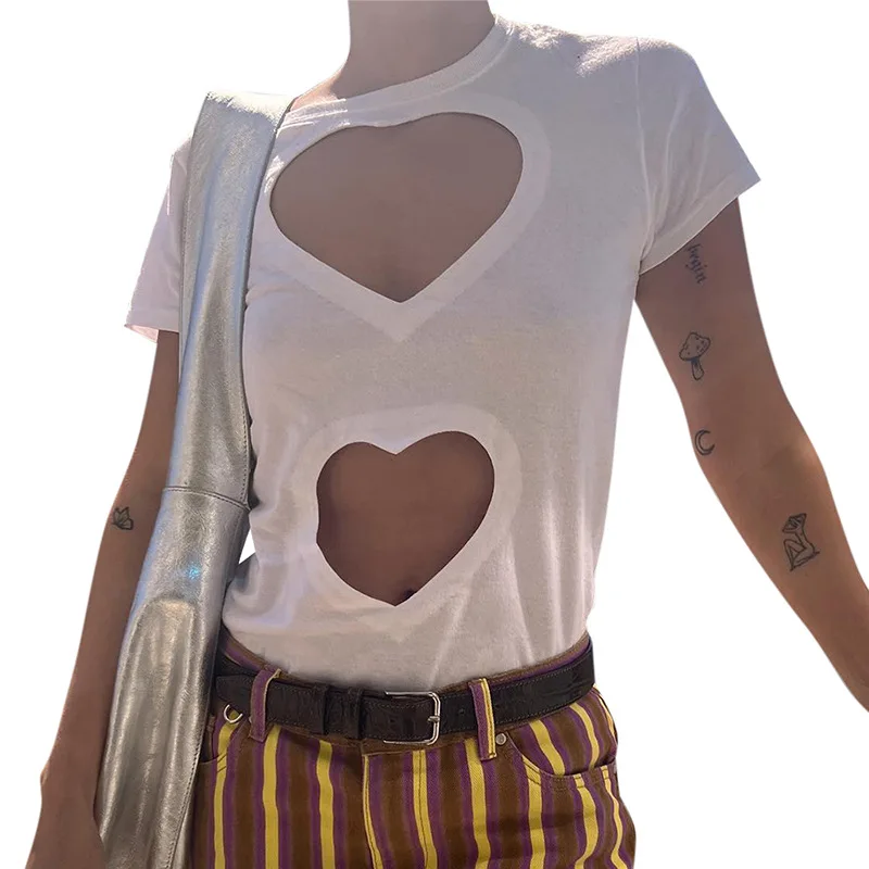 

European And American Women's Summer New Solid Round Neck Short Sleeve Heart Hollowed Out Crop Top