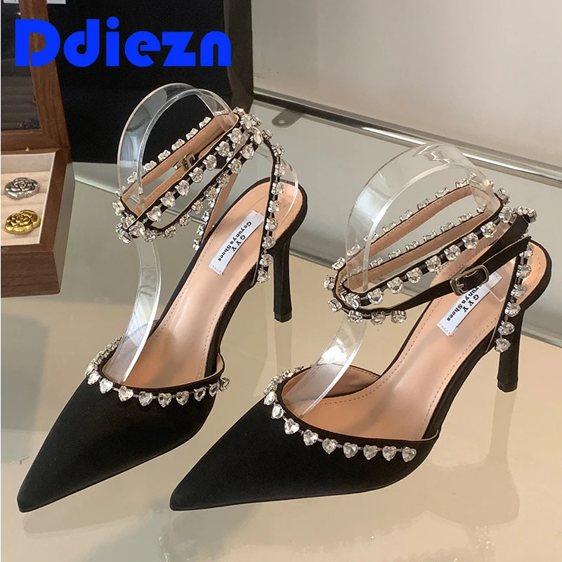 

Fashion Rhinestones Luxury Women High Heels Shoes 2024 Pointed Toe Female Heeled Sandals Crystal Shallow Ladies Pumps Shoes