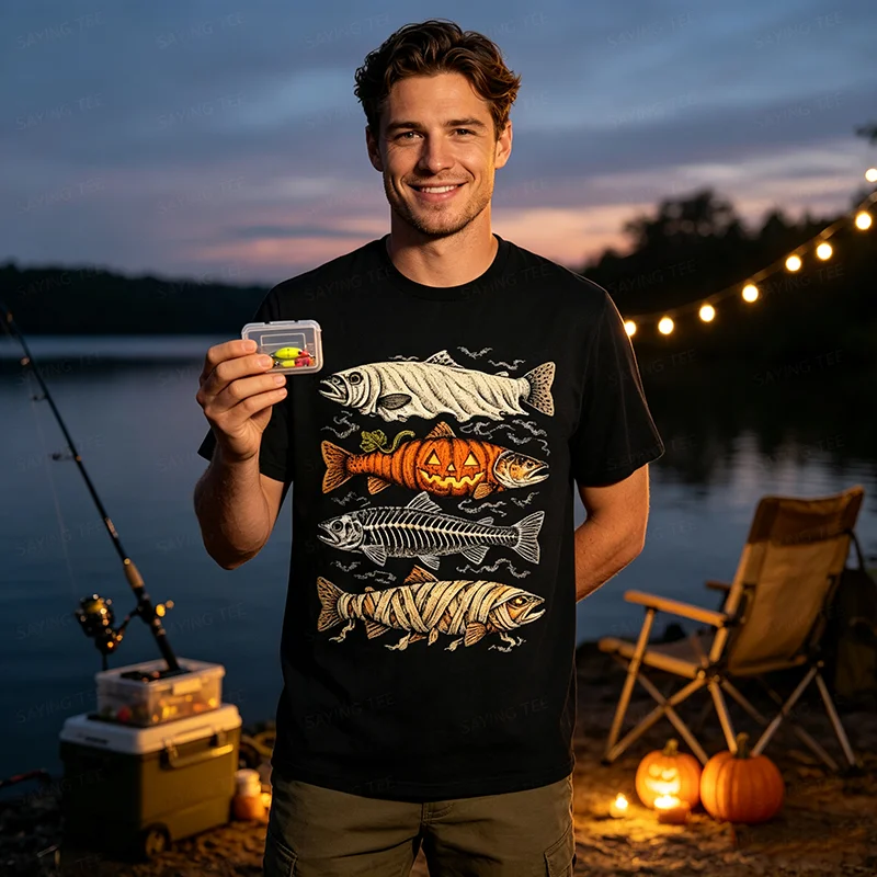 Halloween-Forellen-Fisch-Geister-Kürbis-Skelett-Mumien-T-Shirt Gruseliges Angeln Halloween-Kostüm Y2k Horror-Fischerkleidung