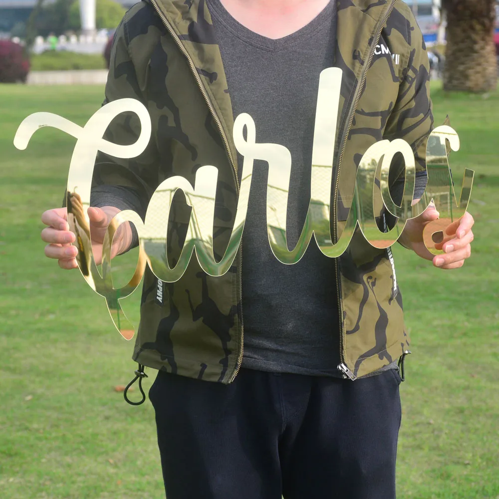 20cm-44cm Wide Mirror Gold Name Sign Wall Hanging Sign Rustic Wedding Anniversary Engagement Party Decor 2mm Thickness