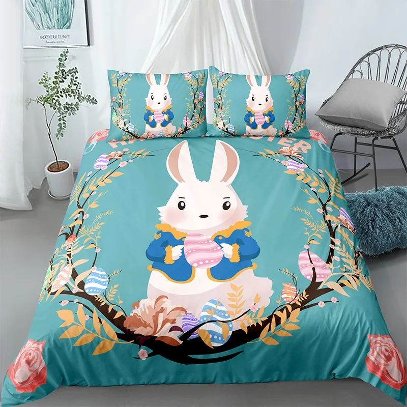 

3D Lovely Cartoon Rabbit Duvet Cover Happy Easter Day Quilt Cover with Pillowcase Kids Gifts Home Bedroom Decor Queen King Size