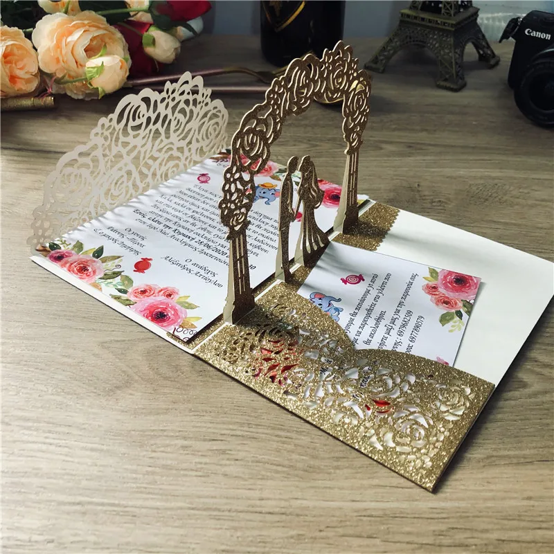 Description Picture 4 of item3D Bride and Groom Rose Gold Pop Up Wedding Invitations Laser Cut Greeting Cards Envelope Bridal Shower Invitation Cards
