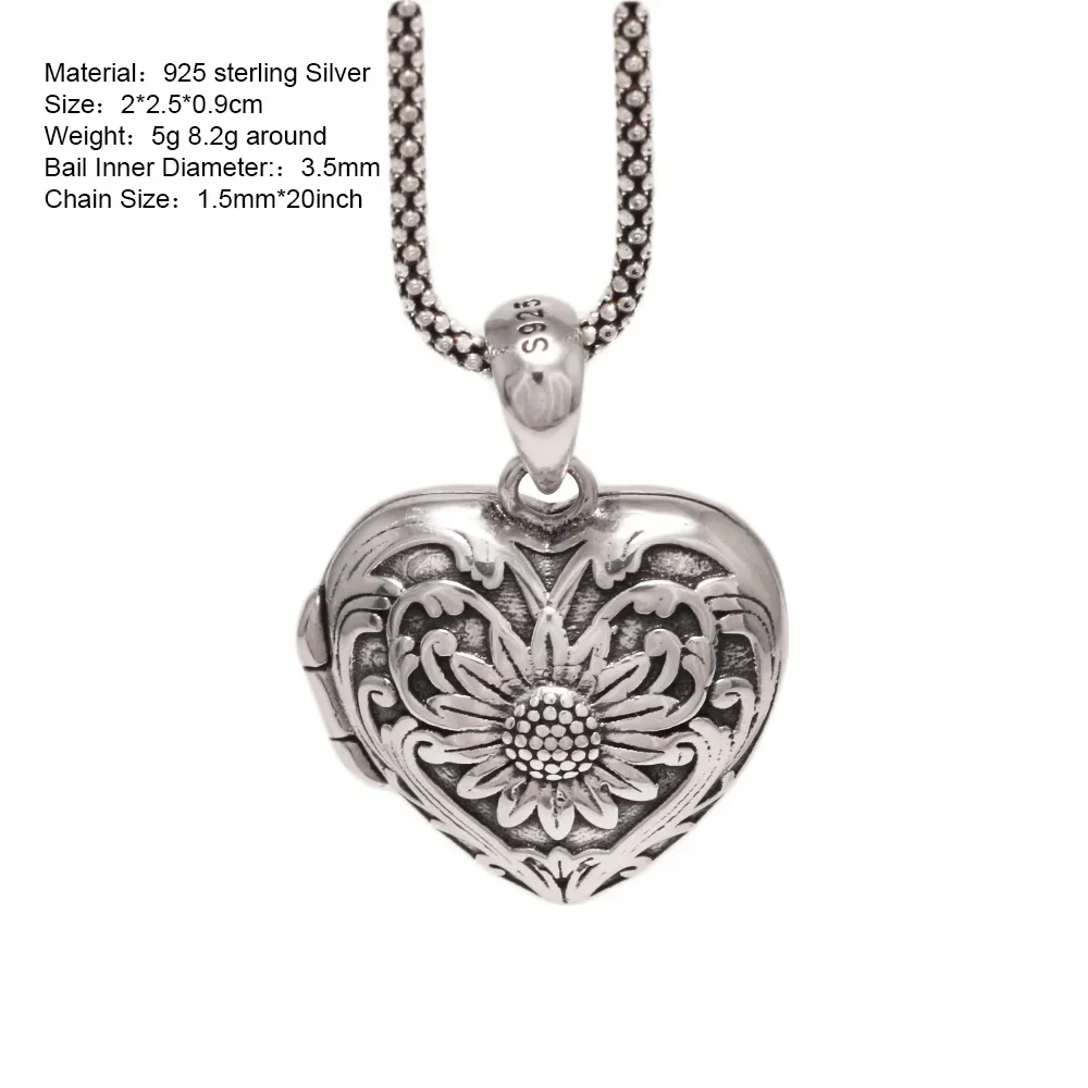 Sunflower Heart Shaped Locket Necklace That Holds Pictures Photo Keep Someone Near to You 925 Sterling Silver Jewelry