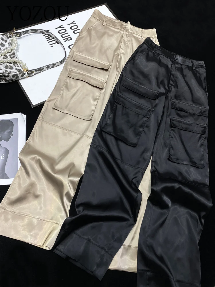 

[YOZOU] Luxury Silk Black Cargo Pants Pockets Fluid Trousers Women Baggy Solid Bottoms Korean Fashion Streetwear Techwear Rave