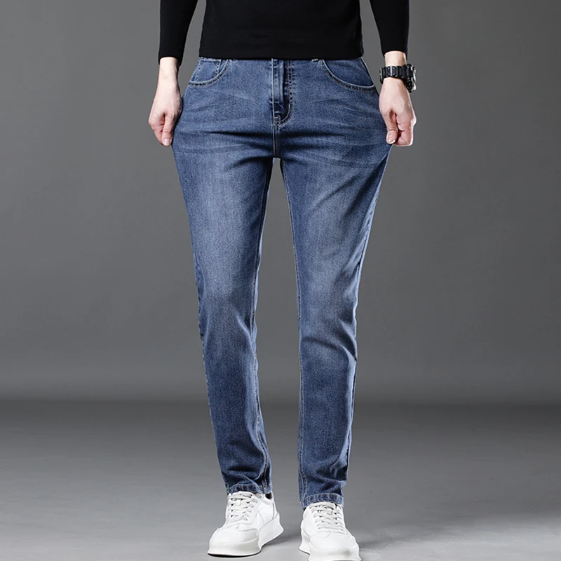 

Spring Men's Fashion Slim Straight Jeans Blue Retro Luxury Design Washed Stretch Denim Trousers Business Casual Man Pants