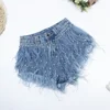 Rhinestone Beaded Exquisite Feather High Waist Denim for Women's Blue Jeans Shorts DS Nightclub Sexy Hot Pants Fashion 2